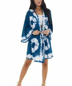 Kori America Sea Blue And Ivory Circle Tie Dye Woven Kimono