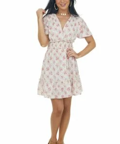 Sweet Lemon Champagne Floral Surplice Smocked Mini Dress Dresses