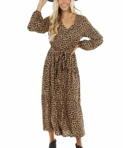 Supreme Fashion Desert Sand Button Up Leopard Print V Neck Midi Dress Dresses