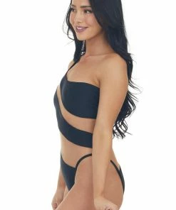 Stylish Swimwear Accessories Black And Nude Mesh One Shoulder Swimsuit