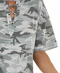 Davi & Dani Tops Grey Camo Print Short Sleeve Knit Top