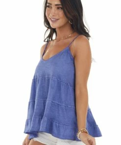 Umgee Vintage Indigo Sleeveless Tiered Knit Top With V Neckline
