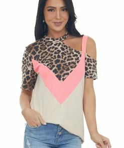 143 Story Beige And Neon Pink Leopard Print Top Tops