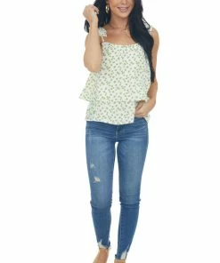 Hayden Pistachio Ditsy Floral Tiered Frill Tank Top