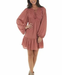 Flying Tomato Vintage Rose Textured Puff Sleeve Lace Dress Dresses