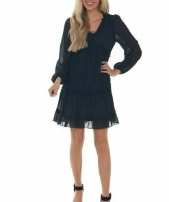 Andree Dresses Black Tiered Ruffle Long Sleeve Short Dress