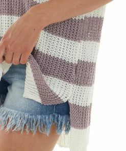 La Miel Tops Off White And Mauve Striped Loose Knit Top