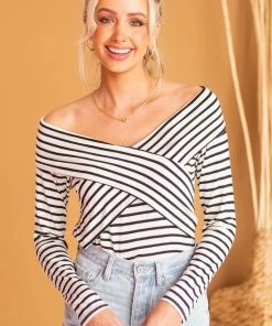BiBi Tops Black And Ivory Striped Crossed Front Knit Top