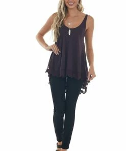 ANGIE Eggplant Knit Tank Top With Scalloped Lace Hemline Tops