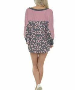 Entro Dusty Rose Leopard Print Colorblock Knit Top