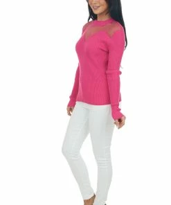 143 Story Tops Magenta Long Sleeve Mesh Yoke Ribbed Knit Top