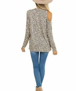 Haptics Cognac Leopard Print Cold Shoulder Long Sleeve Knit Top Tops