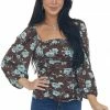 Ces Femme Tops Cocoa And Sky Blue Floral Peasant Sleeve Top