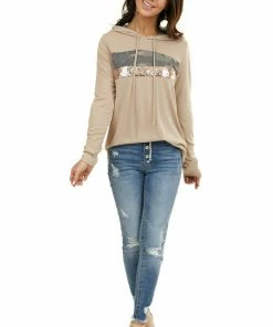 7th Ray Latte Long Sleeve Hoodie With Camo And Sequin Contrast Tops