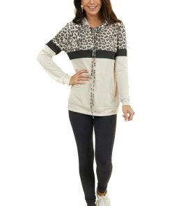 7th Ray Tops Tan Leopard Colorblock Hooded Sweatshirt With Front Pocket