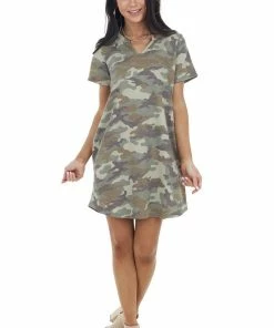 Entro Dresses Army Green Camo Print Short Sleeve V Neck Knit Mini Dress