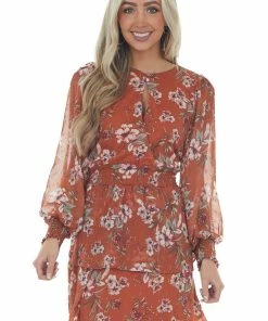 Peach Love Marmalade Floral Keyhole Front Smocked Dress Dresses