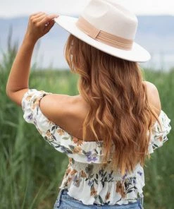 Fame Accessories Champagne Felt Wide Brim Pleated Ribbon Hat