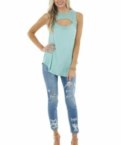 My Story Seafoam Sleeveless Stretchy Knit Top With Cut Out Detail