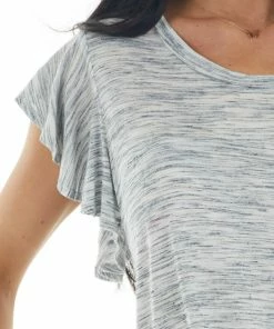 143 Story Heather Grey And Charcoal Knit Top With Flutter Sleeves Tops