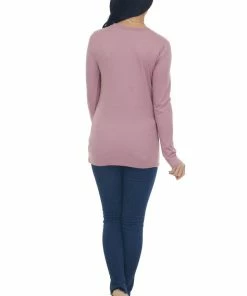 ZENANA Tops Mauve Solid Soft Knit Top With Long Sleeves