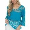 Davi & Dani Teal Crochet Lace And Sheer Mesh Blouse Tops