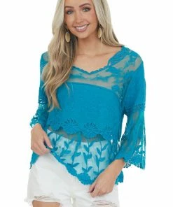Davi & Dani Teal Crochet Lace And Sheer Mesh Blouse Tops