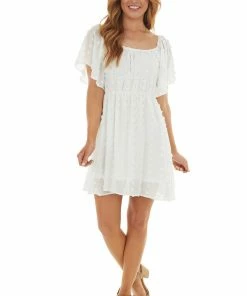 Peach Love Dresses Pearl Off Shoulder Swiss Dot Woven Short Dress