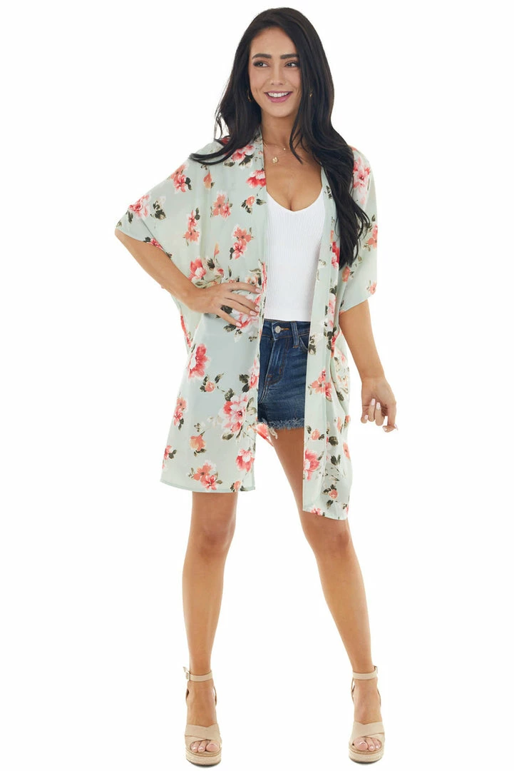 Lovely Melody Tops Pale Mint Floral Open Front Kimono With Back Cut Out Detail 13 Lovely Melody Tops Pale Mint Floral Open Front Kimono With Back Cut Out Detail