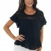Umgee Black Lace Yoke Short Sleeve Ruffle Top