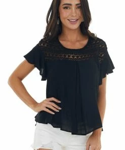 Umgee Black Lace Yoke Short Sleeve Ruffle Top