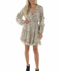 Main Strip Champagne Snake Print Smocked Waist Mini Dress Dresses
