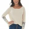 BiBi Beige Long Sleeve Waffle Knit Top With Multiprint Cuff Tops 2 BiBi Beige Long Sleeve Waffle Knit Top With Multiprint Cuff Tops