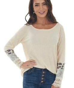 BiBi Beige Long Sleeve Waffle Knit Top With Multiprint Cuff Tops