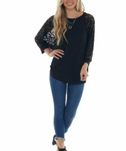 Now N Forever Black Ribbed Dolman 3/4 Lace Sleeve Knit Top