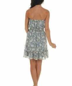 She + Sky Slate Blue Floral Strapless Woven Short Dress Dresses