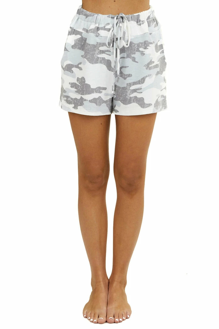 Jodifl Bottoms Grey Camo Print Knit Shorts With Waist Tie And Pockets 9 Jodifl Bottoms Grey Camo Print Knit Shorts With Waist Tie And Pockets