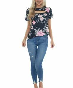 HEIMISH Black Floral Print Knit Top With Chest Cut Out Tops 16 HEIMISH Black Floral Print Knit Top With Chest Cut Out Tops