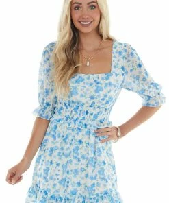 Peach Love Ivory And Cornflower Floral Print Mini Dress Dresses