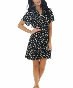 Umgee Black Ditsy Floral Tiered Babydoll Short Dress With Collar
