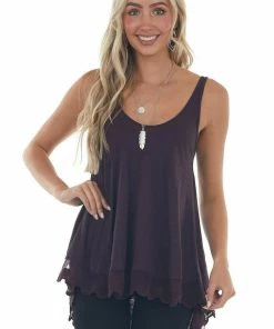 ANGIE Eggplant Knit Tank Top With Scalloped Lace Hemline Tops