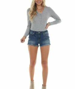 Dress Forum Heather Grey Knit Long Sleeve Bodysuit With Button Details Tops