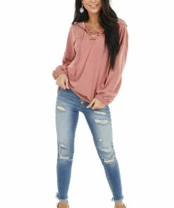 12PM Tops Dusty Coral Hooded Top With V Neck And Front Tie Detail 31 12PM Tops Dusty Coral Hooded Top With V Neck And Front Tie Detail