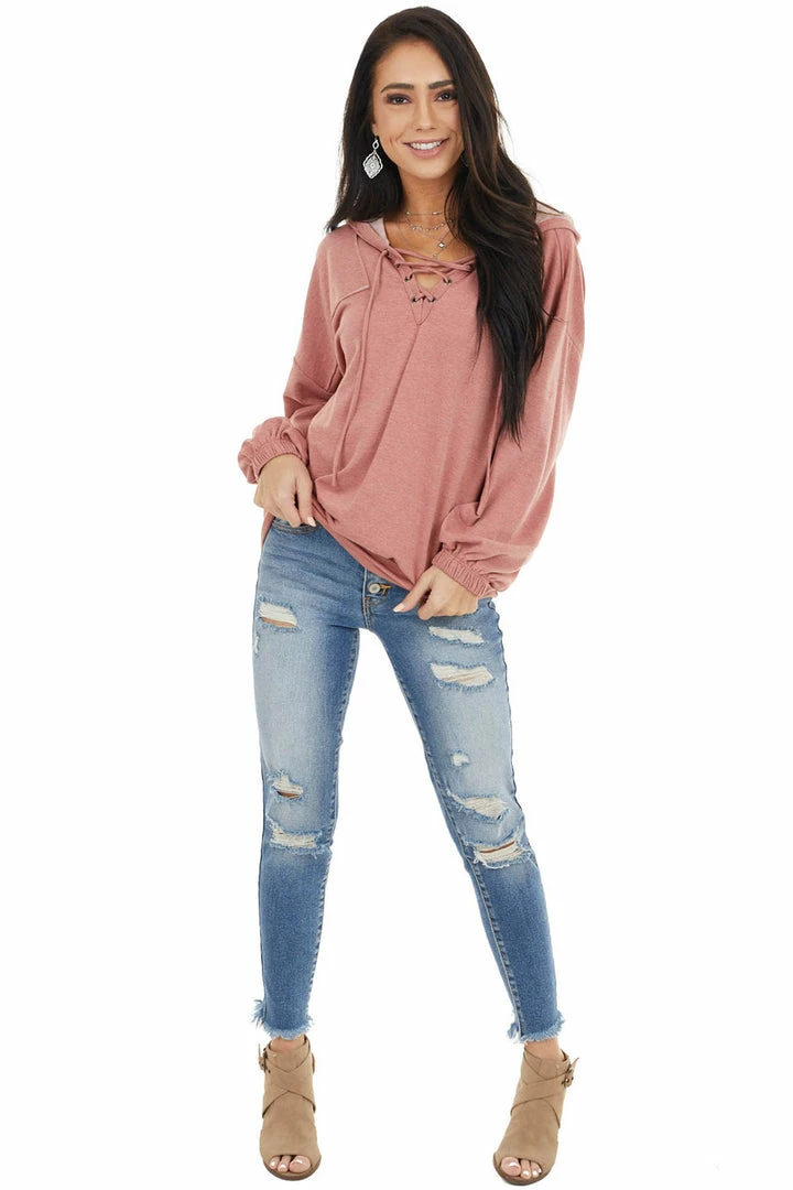 12PM Tops Dusty Coral Hooded Top With V Neck And Front Tie Detail 16 12PM Tops Dusty Coral Hooded Top With V Neck And Front Tie Detail