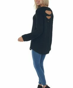 Davi & Dani Black Bubble Sleeve Sweater With Back Cut Outs Tops
