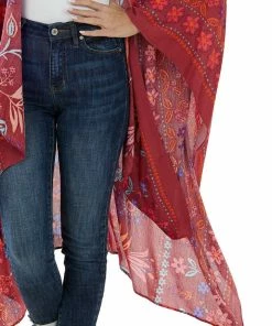Easel Tops Marsala And Fire Colorful Floral Print Kimono