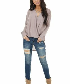 HOPELY Dusty Rose Waffle Knit Surplice Top With Criss Cross Detail Tops