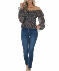 FSL APPAREL Tops Black Paisley Print Smocked Back Peplum Blouse