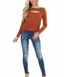 BiBi Tops Terracotta Soft Ribbed Long Sleeve Top With Neckline Cutout
