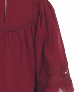Umgee Maroon Flare Sleeve Lace Trim Blouse